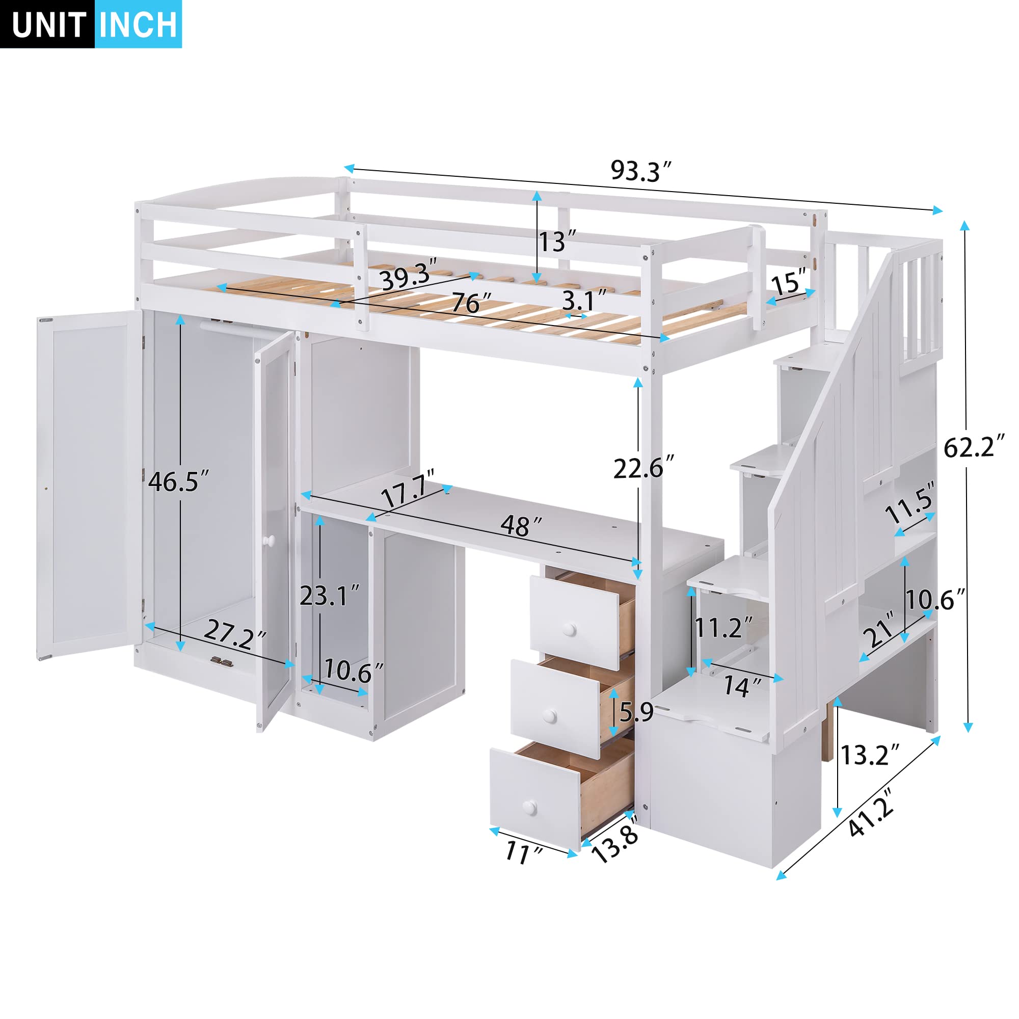 BOVZA Twin Size Loft Bed with Stairs and Wardrobe, Wooden Twin Loft Bed Frame with Desk and Storage Drawers and Cabinet in 1 for Kids Girls Boys Teens, White