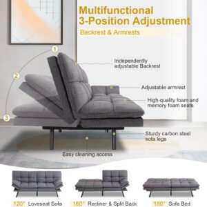 MUUEGM Futon Sofa Bed Convertible Futon Couch Bed Memory Foam Modern Sofa Couch Sleeper Sofa Love Seat with Adjustable Armrests Couches for Living Room Offices Apartments Small Spaces,Grey