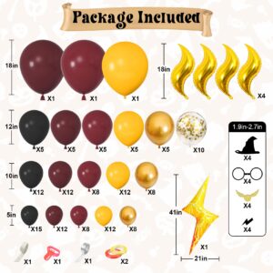 Ouddy Life 172pcs Magical Wizard School Balloons Garland Arch Kit Burgundy Black Gold Confetti Snitch Wizard Hat Balloon for Halloween Magic Themed Birthday Decorations Baby Shower Party Supplies