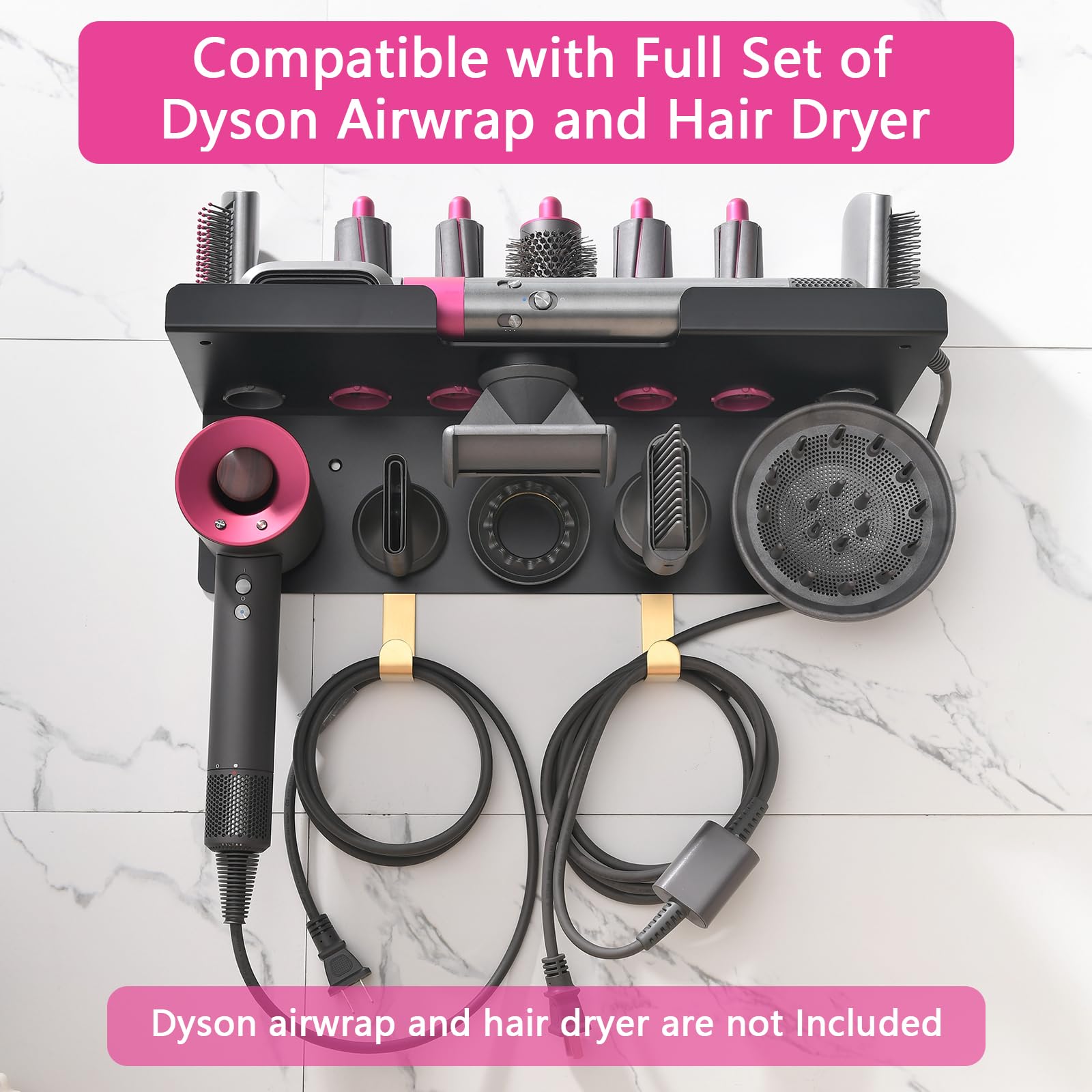 Fippkargo Wall Mount Holder Compatible with Dyson Airwrap Supersonic Hair Dryer, Rack with Hooks for Accessories, 2 in 1 Organizer for Storage Attachments Wide-Tooth Comb Diffuser Nozzle Curling Iron