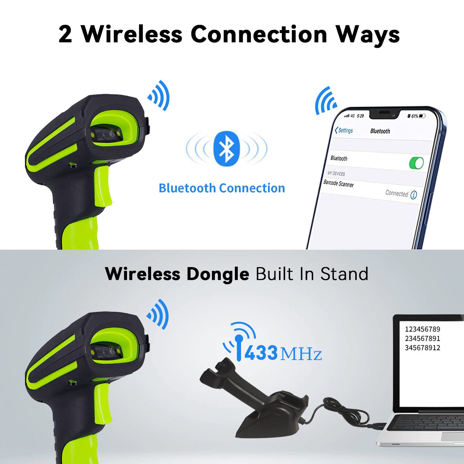 Alacrity Upgraded 2D Industrial Barcode Scanner with Wireless Charging Stand, 1968 Feet Transmission Distance 433Mhz Wireless & Bluetooth 2in1 Barcode Reader, Shock Dust Proof Hands Free, Green