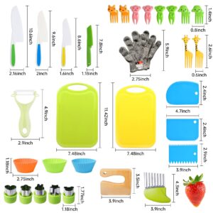 Kids Kitchen Safe Knife Tools for Real Cooking Toddler Kitchen Tools Wooden Kitchen Knife Set with Gloves Cutting Board Fruit Vegetable Crinkle Cutters Plastic Kid Safe Knives