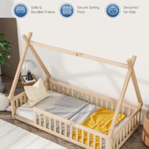 Tatub Twin Montessori Floor Bed Frame with Railings and Roof, Montessori House Bed for Kids, Wood Tent Floor Bed, Montessori Teepee Bed for Girls and Boys, Nature