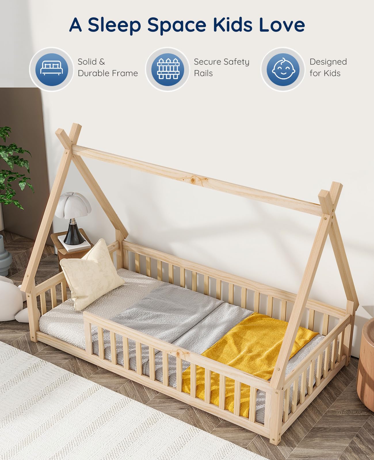 Tatub Twin Montessori Floor Bed Frame with Railings and Roof, Montessori House Bed for Kids, Wood Tent Floor Bed, Montessori Teepee Bed for Girls and Boys, Nature