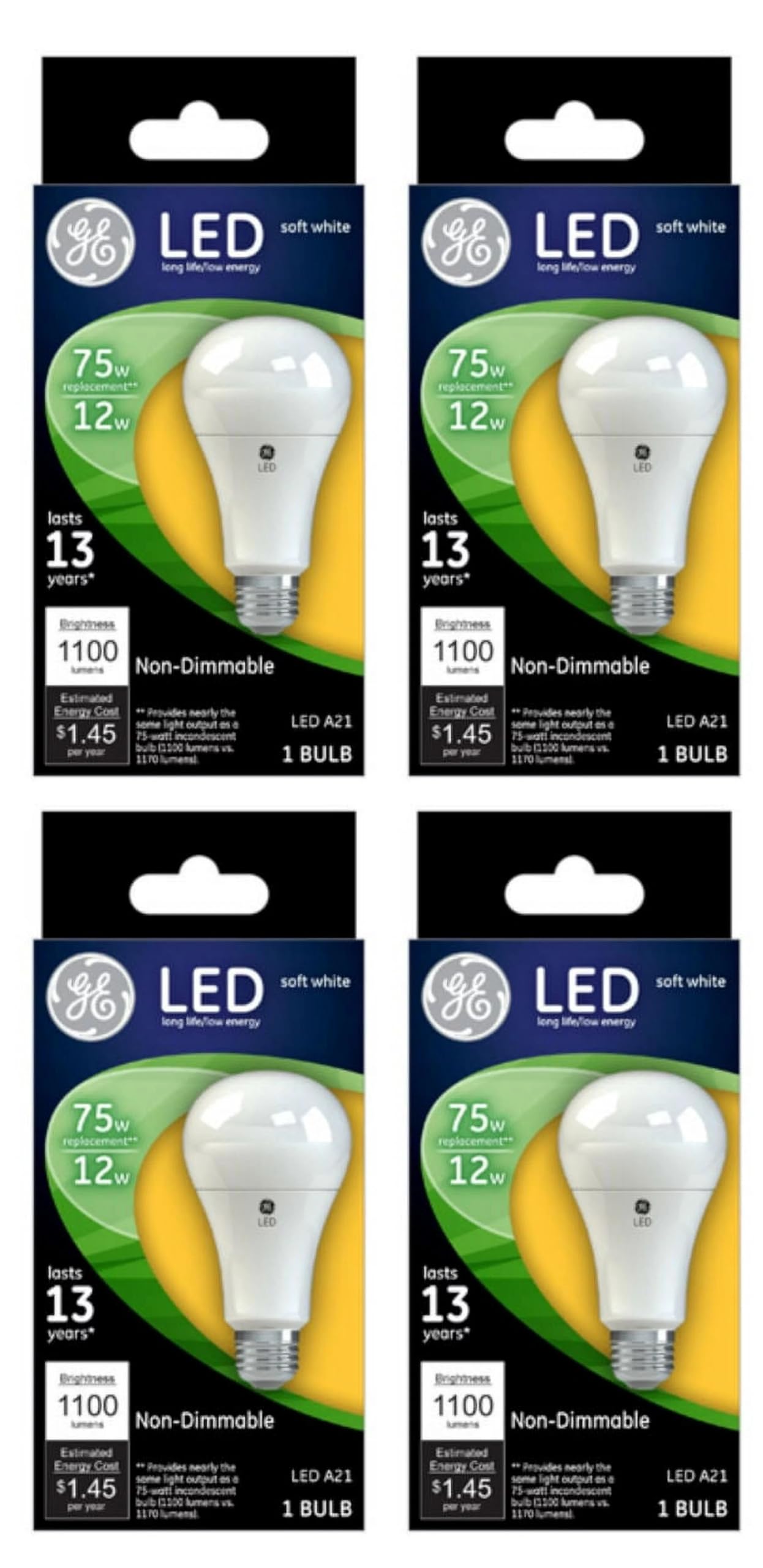 GE (4 Bulbs) Lighting 65721 LED A21, 12 watt (75 watt Equivalent) Soft White A21, Non-dimmable, LED Light Bulb, 1100 lumens