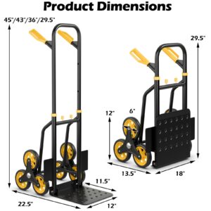 Goplus Stair Climbing Hand Truck, Folding Height Adjustable Dolly with 350 LBS Capacity, Elastic Rope, Telescoping Handle, 6 Rubber Wheels, 12” x 11.5” Nose Plate, 2-in-1 Heavy Duty Hand Cart