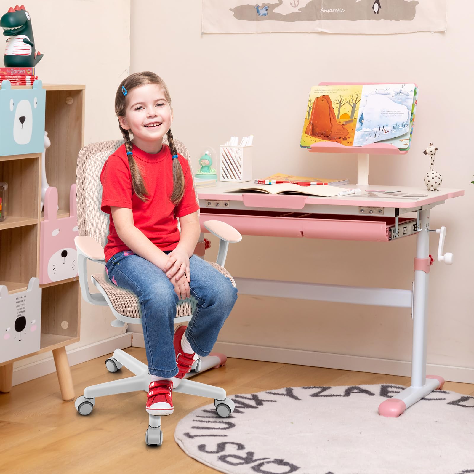 HONEY JOY Kids Desk Chair, Children Computer Chair with Adjustable Height, Ergonomic Kids Office Study Chair with Sit-Brake Wheels, Swivel Mesh Task Desk Chair for Teens Boys Girls (Pink)