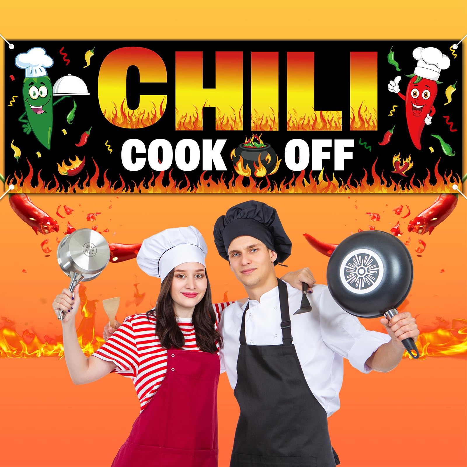 QOUBAI Chili Cook Off Decorations Banner 71 x 24 Inches Black Hot Chili Pepper Contest Banner Chili Cook Off Party Supplies for Mexican Fiesta Cinco De Mayo Chili Cooking Competition Festival Prizes