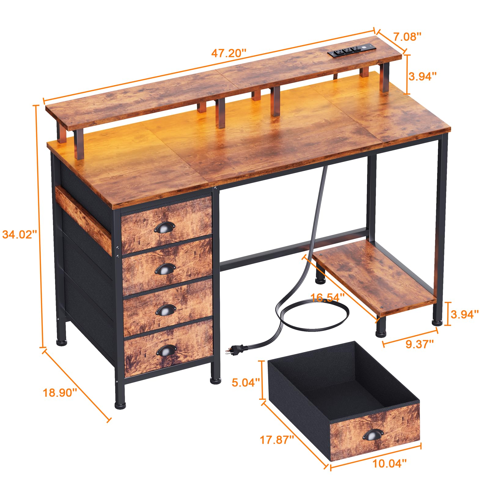 Furologee Computer Desk with 4 Fabric Drawers, 47" Gaming Desk with Power Outlets and LED Lights, Home Office Desk with Full Monitor Stand and Shelf, Study Writing Desk for Bedroom, Rustic Brown