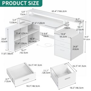 YITAHOME L Shaped Desk with 3 Drawers, 65" Corner Computer Desk with Power Outlets & LED Lights, L-Shaped Desk with File Cabinet & Printer Stand for Home Office, White