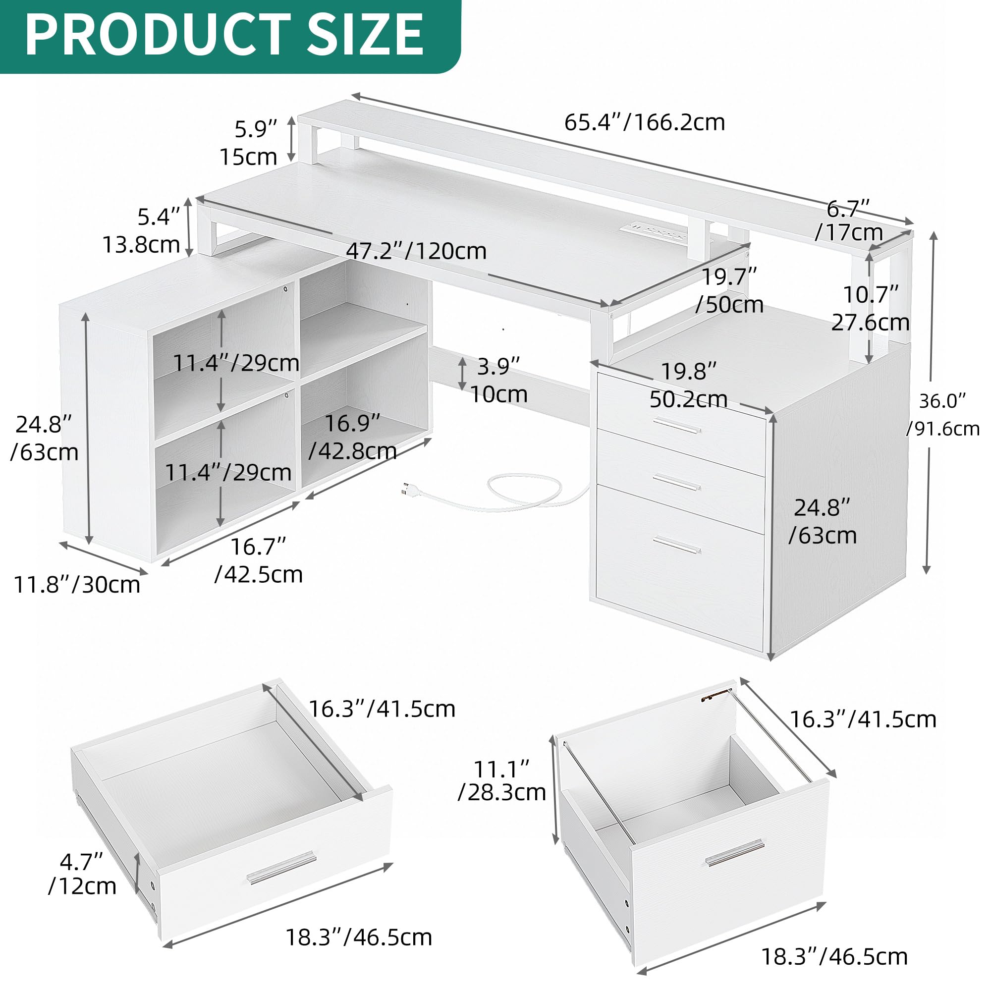 YITAHOME L Shaped Desk with 3 Drawers, 65" Corner Computer Desk with Power Outlets & LED Lights, L-Shaped Desk with File Cabinet & Printer Stand for Home Office, White