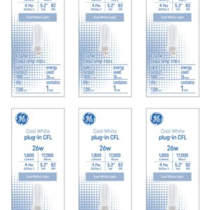 GE (6 Bulbs) Cool White 26 watt Plug-in CFL GX24q-3 Base, 5.2 inch F26TX, 4100K Cool White, 1800 Lumen, Compact Fluorescent Light Bulb