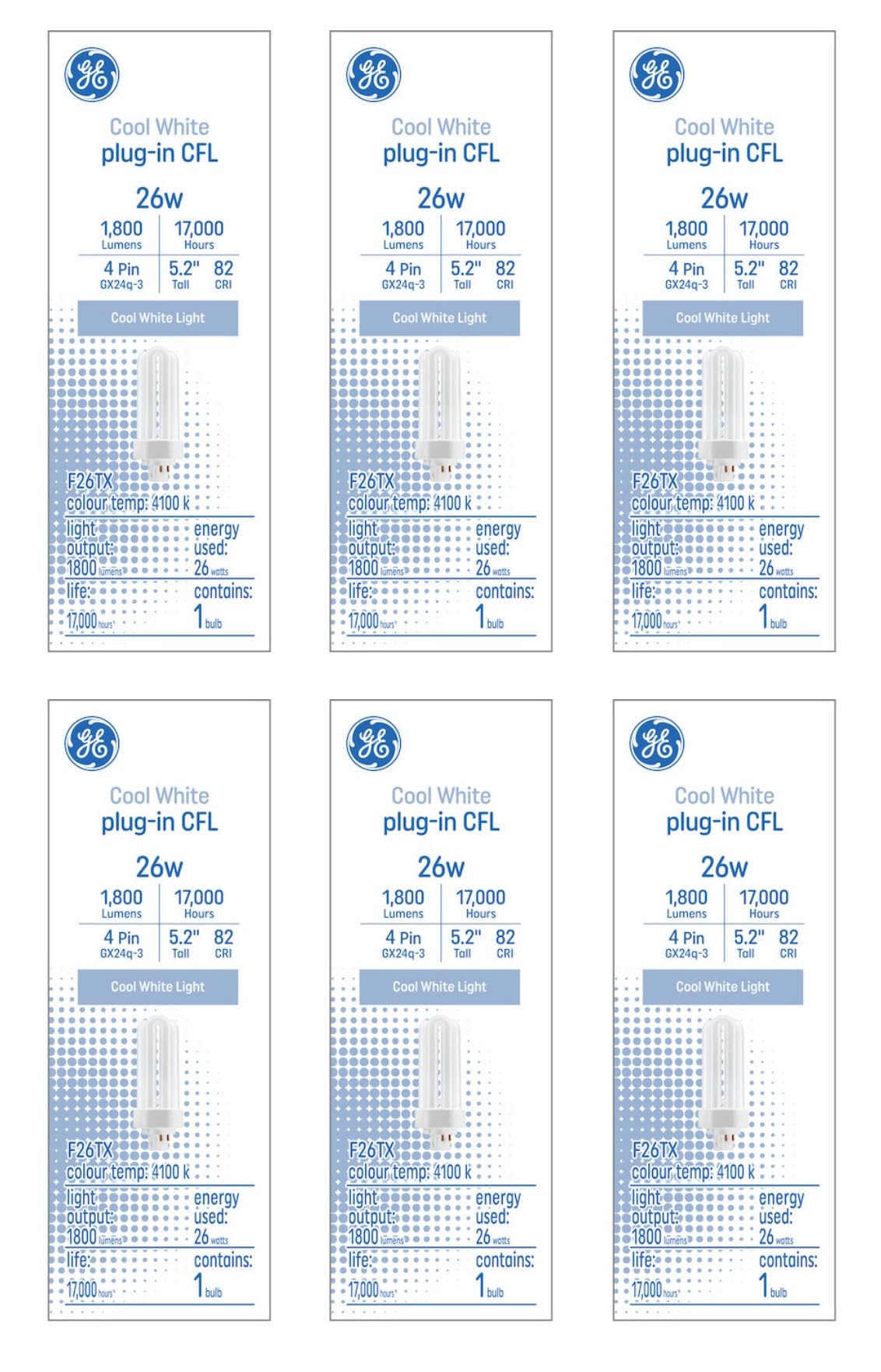 GE (6 Bulbs) Cool White 26 watt Plug-in CFL GX24q-3 Base, 5.2 inch F26TX, 4100K Cool White, 1800 Lumen, Compact Fluorescent Light Bulb