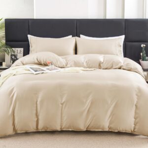 YIYEA Duvet Cover Queen Size - 100% Organic Viscose Derived from Bamboo - Luxury 600 Thread Count Cooling Comforter Cover Set for Hot Sleepers, Silky Soft and Breathable - Beige