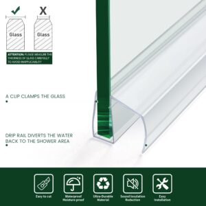 Shower Door Bottom Seal Strips 2PCS, 36 Inch Length PVC Clear Seal Strips with Drip Rail for 5/16"(8mm) Thick Frameless Glass Door, to Stop Water Leak