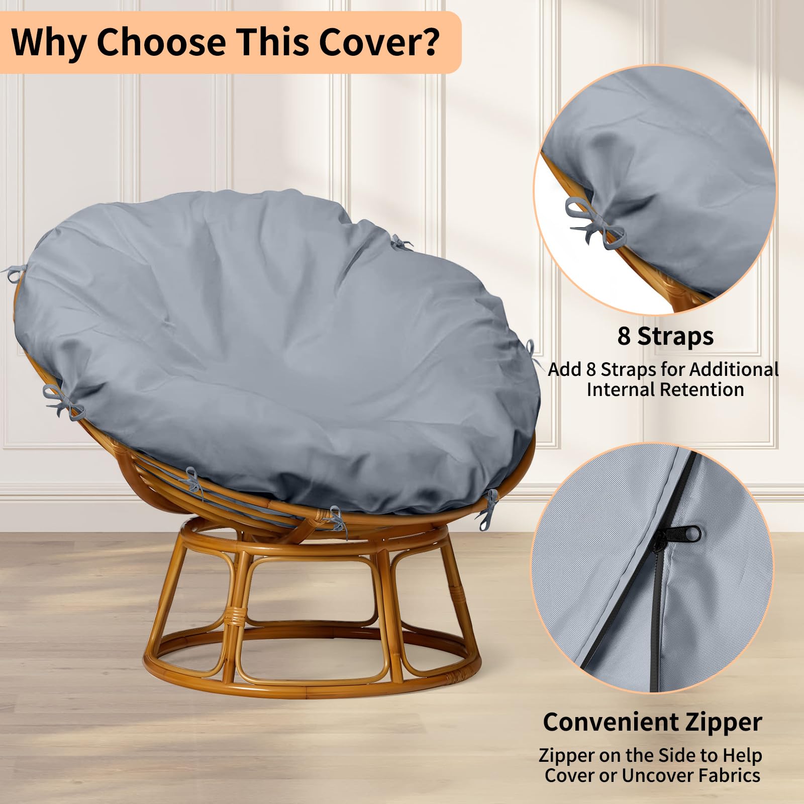 COSHNIBI Papasan Cushion Cover, 420D Waterproof Removable Zipper Chair Cushion Cover, 55L*55H Inches Suitable for Indoor and Outdoor Use (Gray)