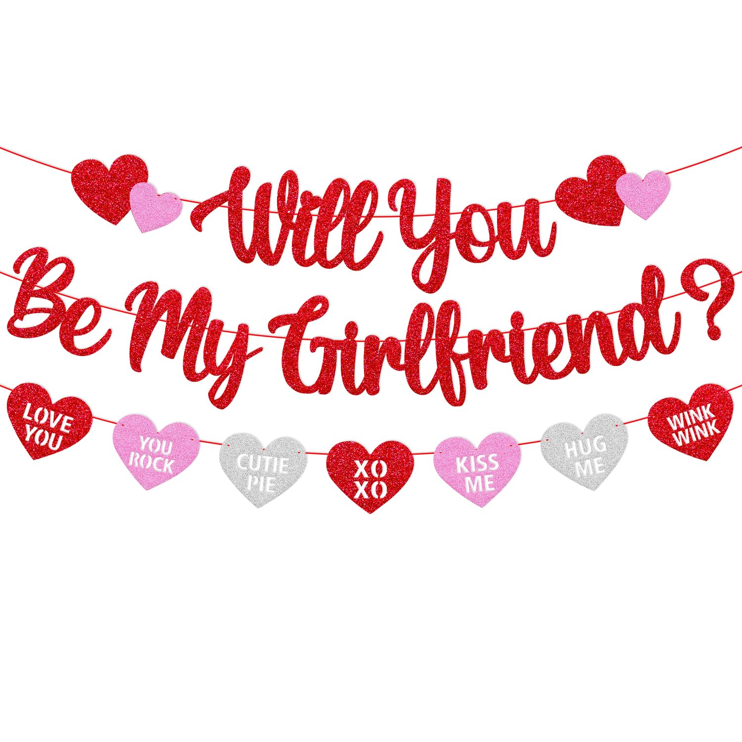 Will You Be My Girlfriend Banner Be My Girlfriend Glitter Heart Garland Happy Valentine’s Day Party Decoration Glitter Red and Pink Be My Valentine Romantic Party Supplies