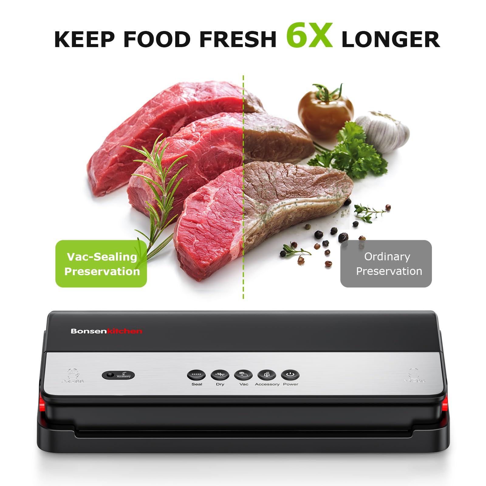 Bonsenkitchen Vacuum Sealer Machine, Multi-Functional Food Sealer, Built-in Cutter & Bag Storage, Globefish Technology for High-Speed Continuous Working, Food Vacuum Sealer with Vacuum Bags & Roll Bag