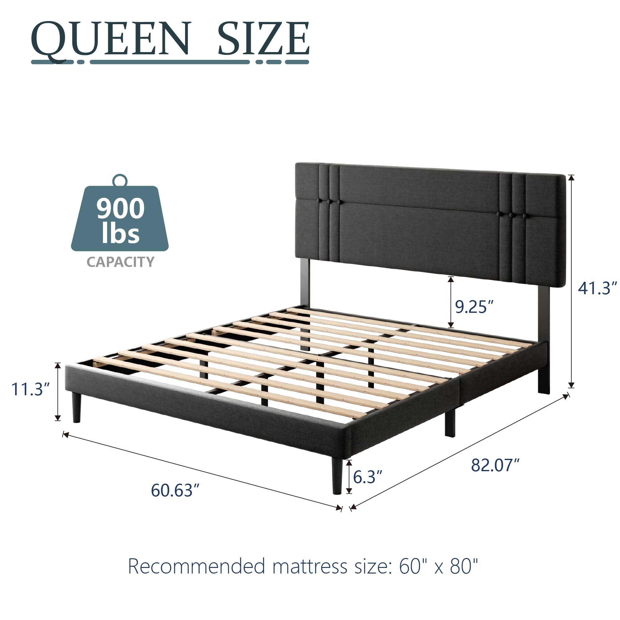 Bekusu Upholstered Queen Bed Frame with Adjustable Headboard and Sturdy Wooden Slats, Non-Slip and Noise-Free Design No Box Spring Needed Easy Assembly Dark Grey