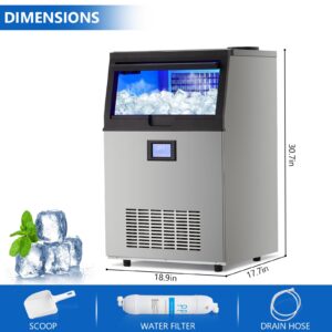 Garvee Commercial Ice Maker Machine, Freestanding Nugget Ice Maker with 2 Water Inlet Modes, 100Lbs/24h, 50Pcs/Cycle, 33lbs Storage Bin, Ice Maker Machine for Home Bar, Coffee Shop, Business