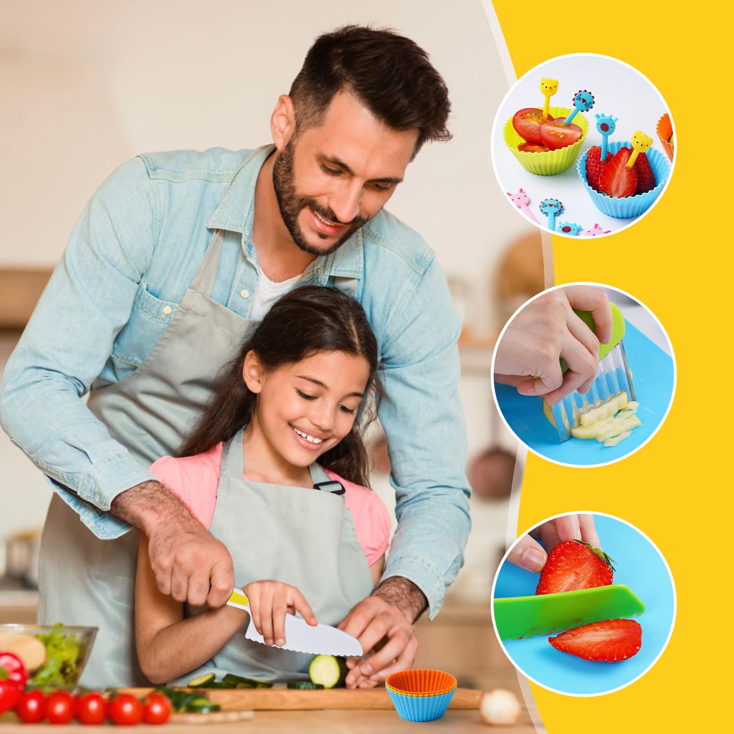 Kids Kitchen Safe Knife Tools for Real Cooking Toddler Kitchen Tools Wooden Kitchen Knife Set with Gloves Cutting Board Fruit Vegetable Crinkle Cutters Plastic Kid Safe Knives