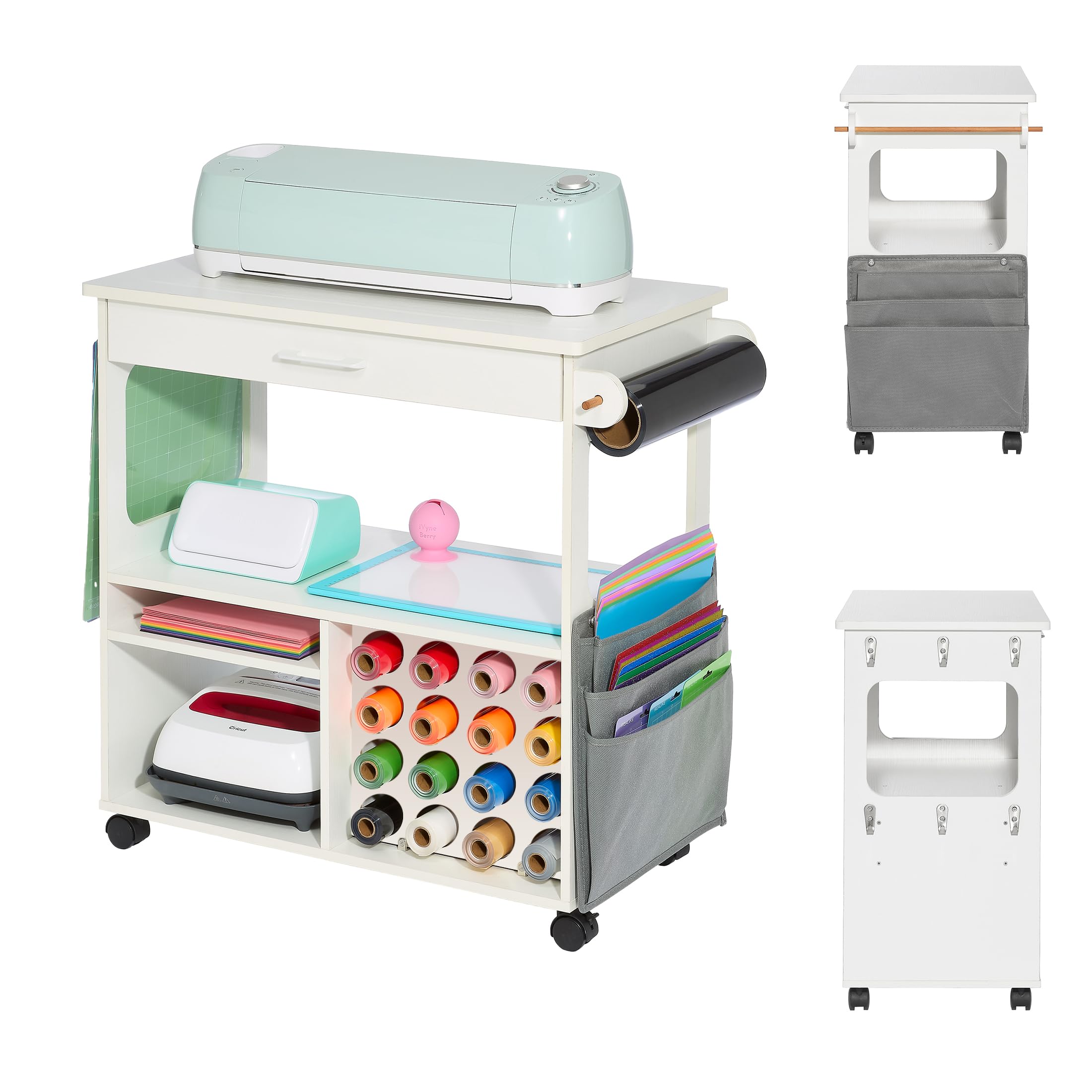 iVyne Craft Cart, Ultimate Organization & Storage Table for Cricut/Silhouette, Craft Table with Storage, Workstation for Accessories, iVyne Berry, Vinyl Rolls, and More - White