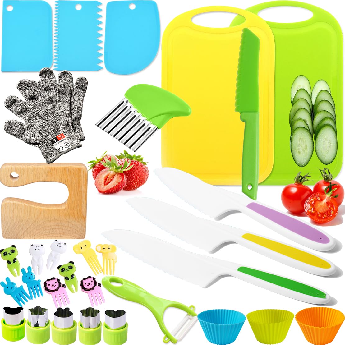 Kids Kitchen Safe Knife Tools for Real Cooking Toddler Kitchen Tools Wooden Kitchen Knife Set with Gloves Cutting Board Fruit Vegetable Crinkle Cutters Plastic Kid Safe Knives