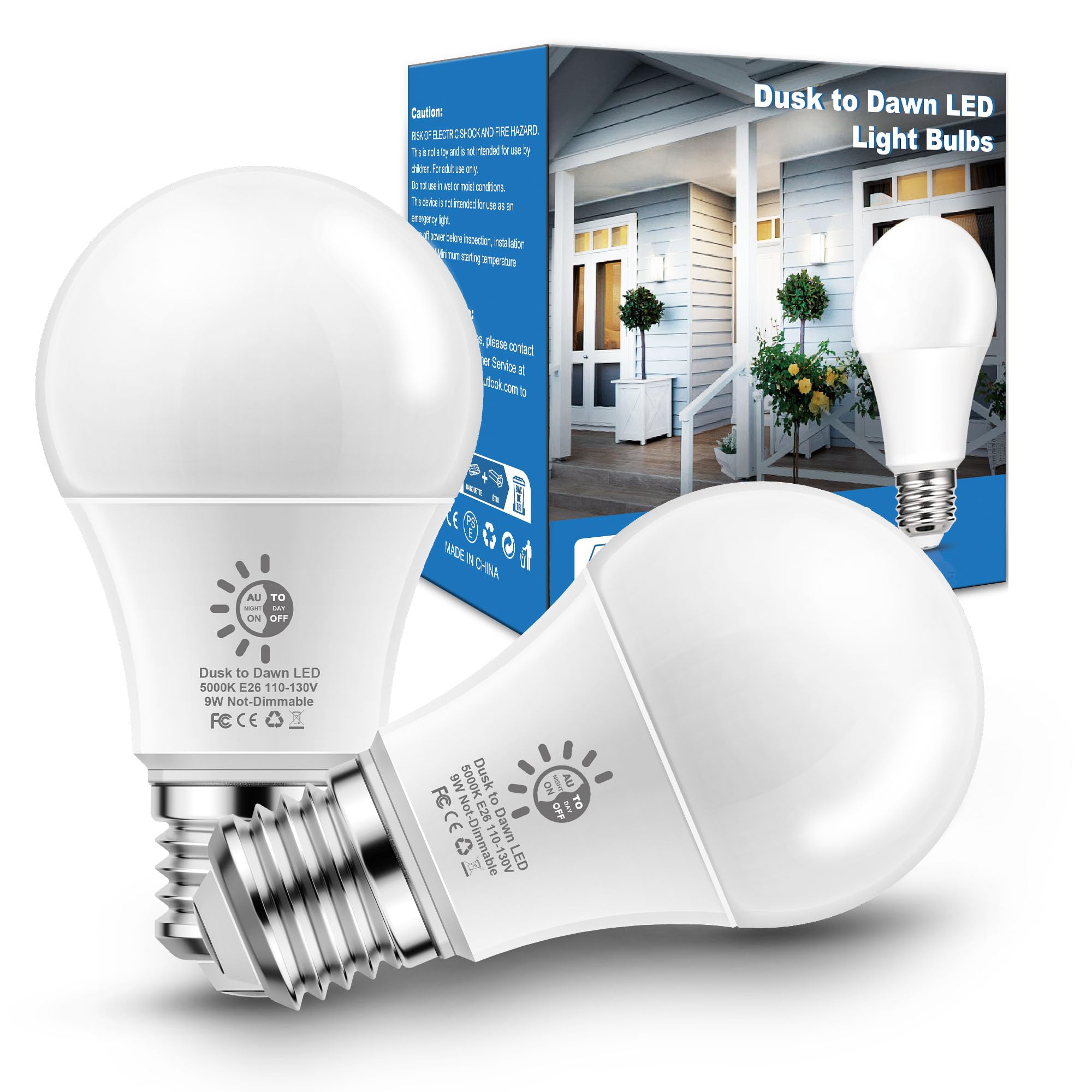 Dusk to Dawn Light Bulbs Outdoor, No Timer Required, 9W (60W Equivalent) 5000K Daylight White, E26 A19 Sensor LED Bulb, Built-in Photocell Detector for Porch Lights Boundary Garage Patio, 2 Pack