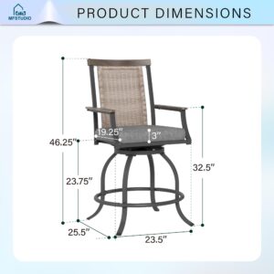 MFSTUDIO Outdoor Counter Height Bar Stool Set of 2, Swivel Rattan Backrest Metal Patio Bar Chair with Armrest and Cushion, All Weather Resistant Patio Chair, Grey