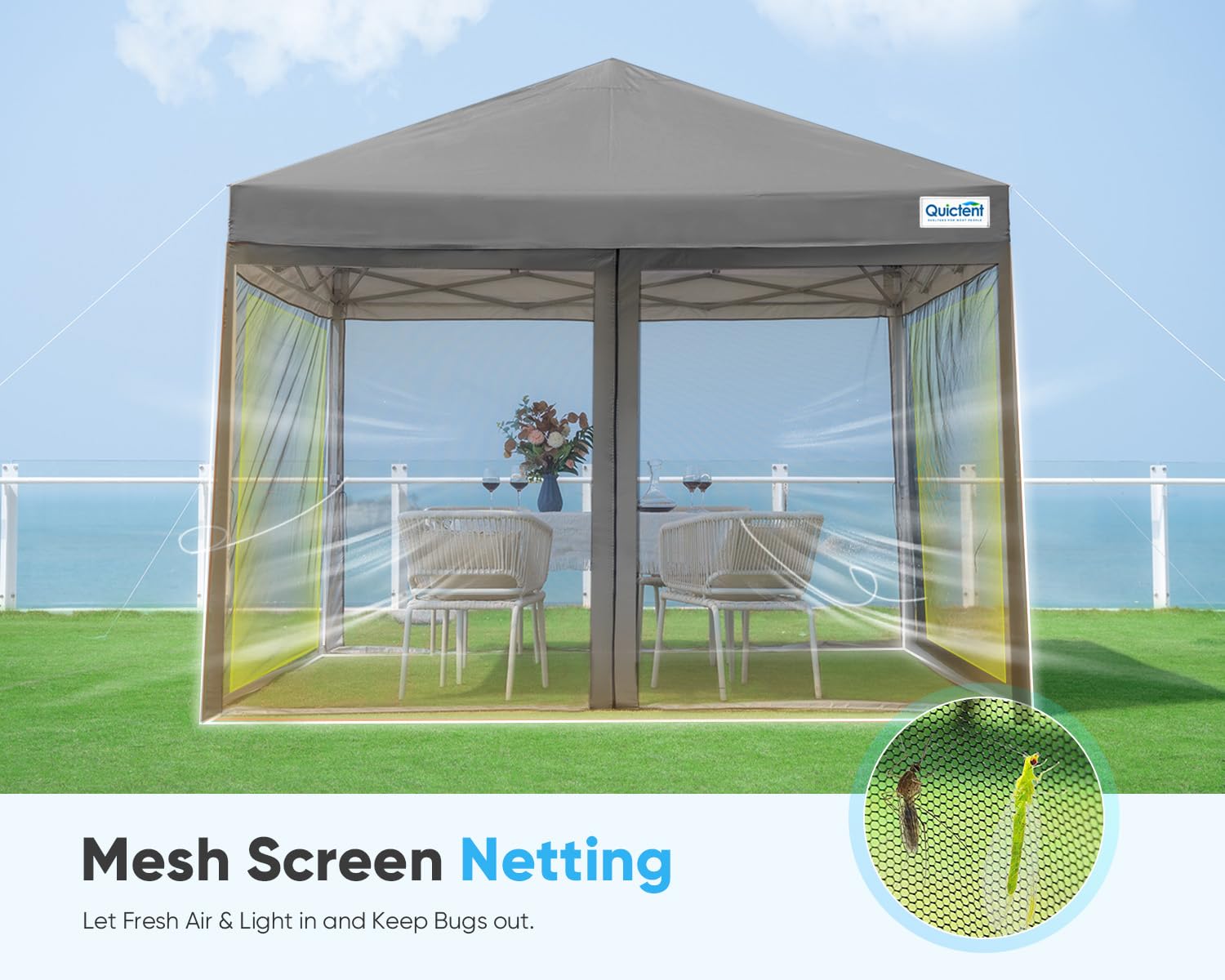 Quictent 10'x10’ Pop up Screened Canopy Tent with Mosquito Netting, Portable Easy up Outdoor Screen House Shelter for Patio, Camping and Picnic, Includes Wheeled Carry Bag (Grey)