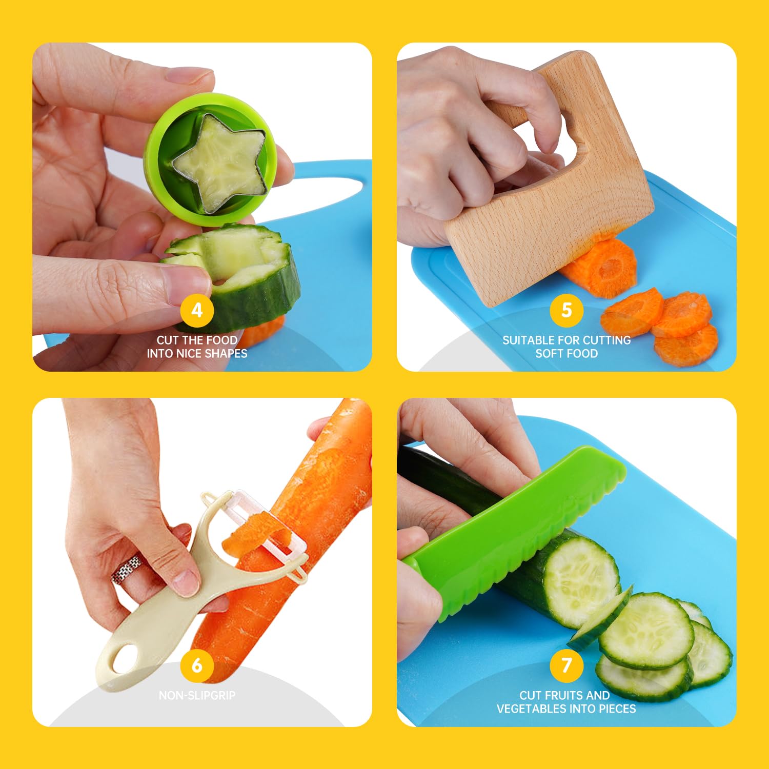 Kids Kitchen Safe Knife Tools for Real Cooking Toddler Kitchen Tools Wooden Kitchen Knife Set with Gloves Cutting Board Fruit Vegetable Crinkle Cutters Plastic Kid Safe Knives