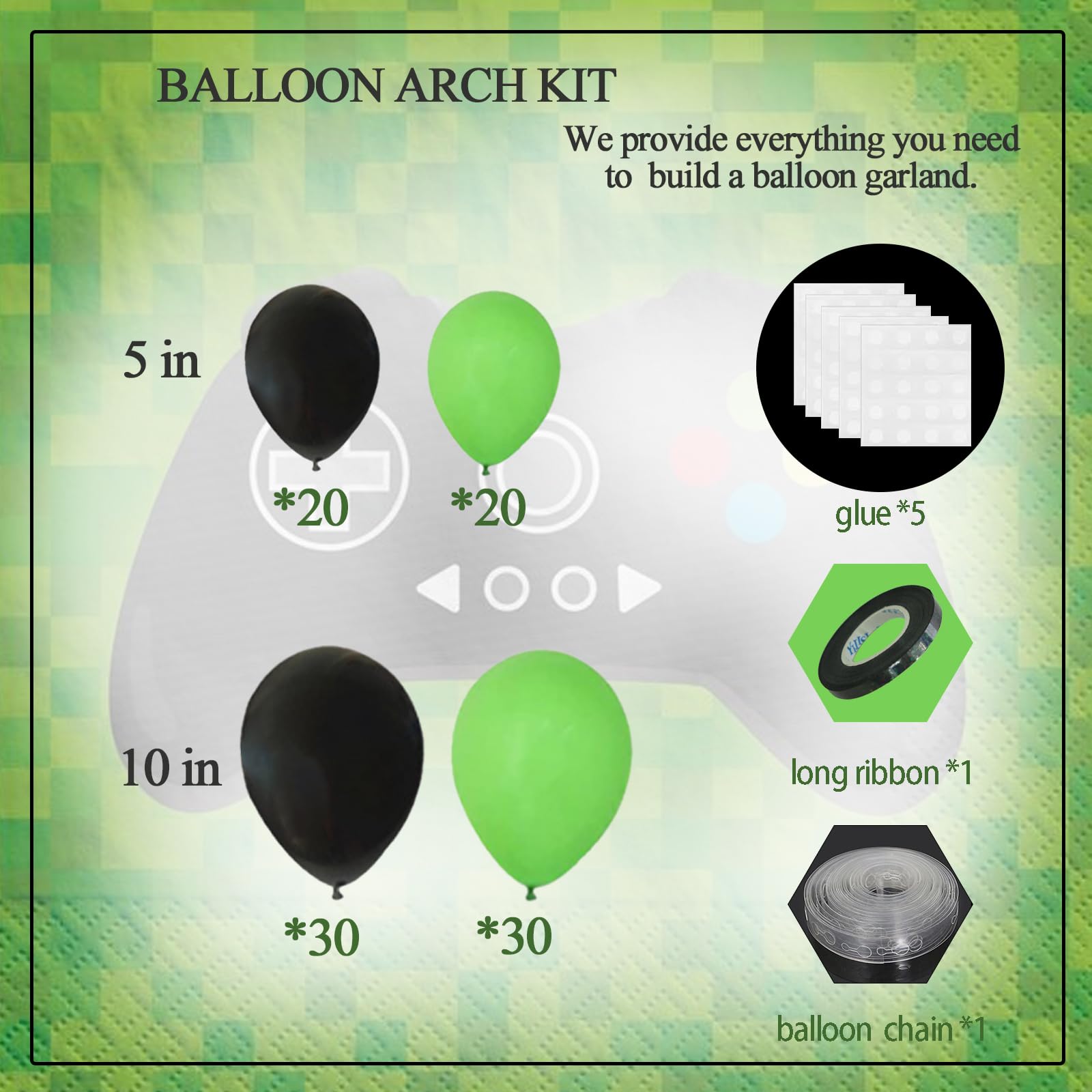 Felice Arts Video Game Balloon Arch Garland Kit Black Green Balloons for Boys Girls Kids Level Favor Game Themed Birthday Graduation Party Decorations