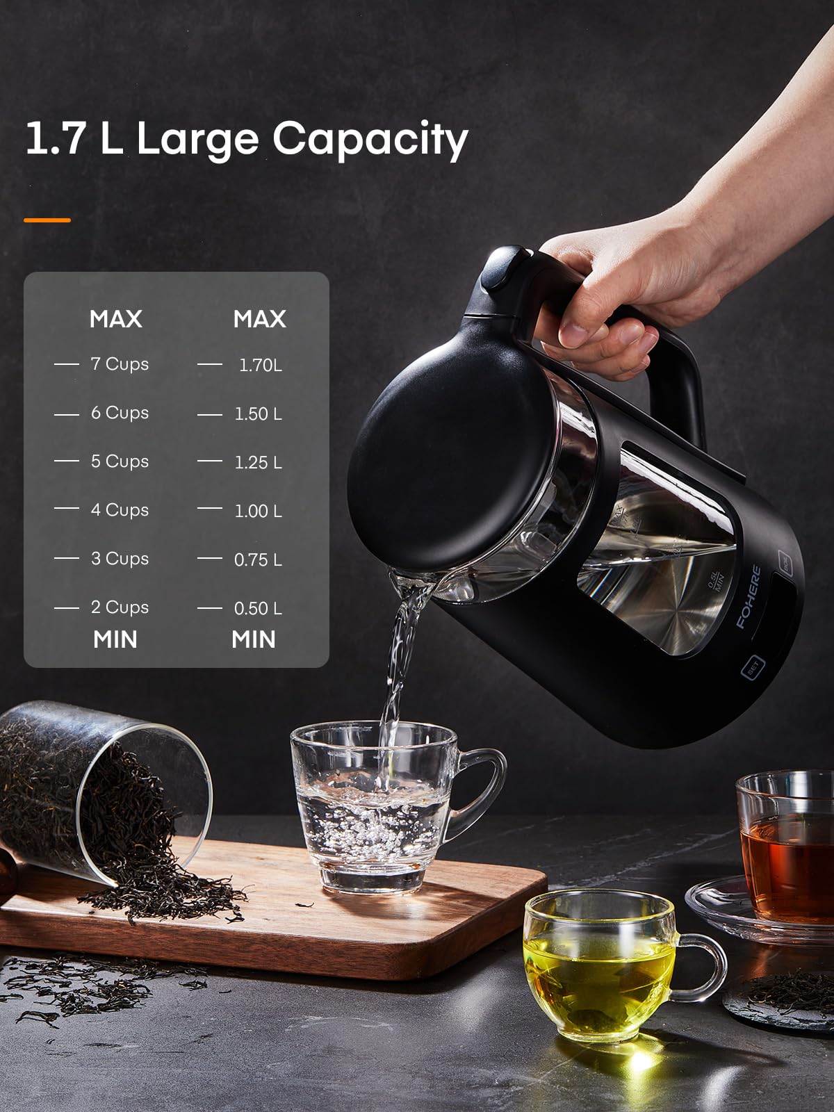 Electric Kettle, 1.7L Glass Tea Kettle, with Keep Warm, 5 Temperature Control, 1500W Fast Boil, Auto Shut-Off & Boil-Dry Protection, with 5 Colored Lights, Black