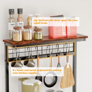 Furologee Kitchen Bakers Rack with Power Outlet, Microwave Oven Stand with Storage 4 Tiers, Coffee Bar Table with 6 S Hooks, Kitchen Storage Shelf Rack for Spices, Pots, Rustic Brown