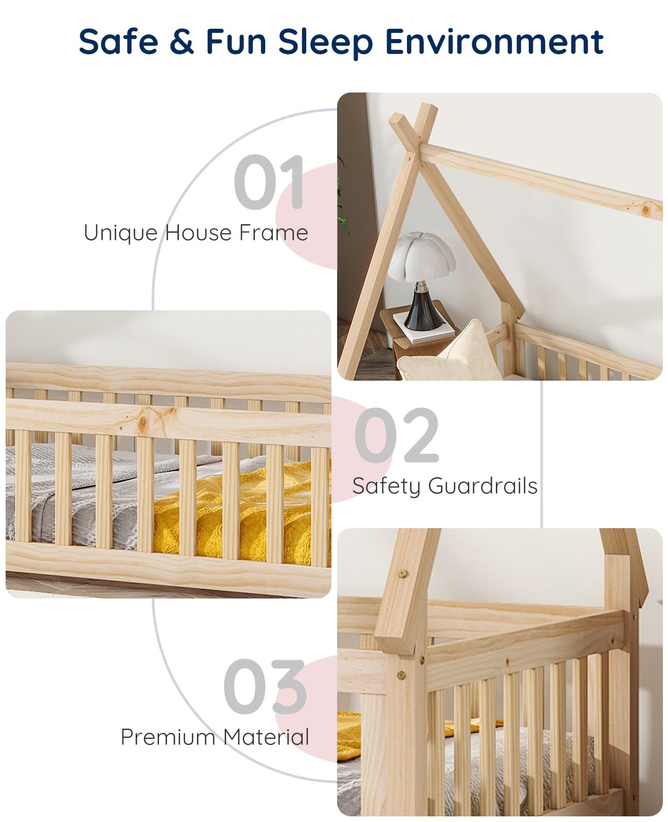 Tatub Twin Montessori Floor Bed Frame with Railings and Roof, Montessori House Bed for Kids, Wood Tent Floor Bed, Montessori Teepee Bed for Girls and Boys, Nature