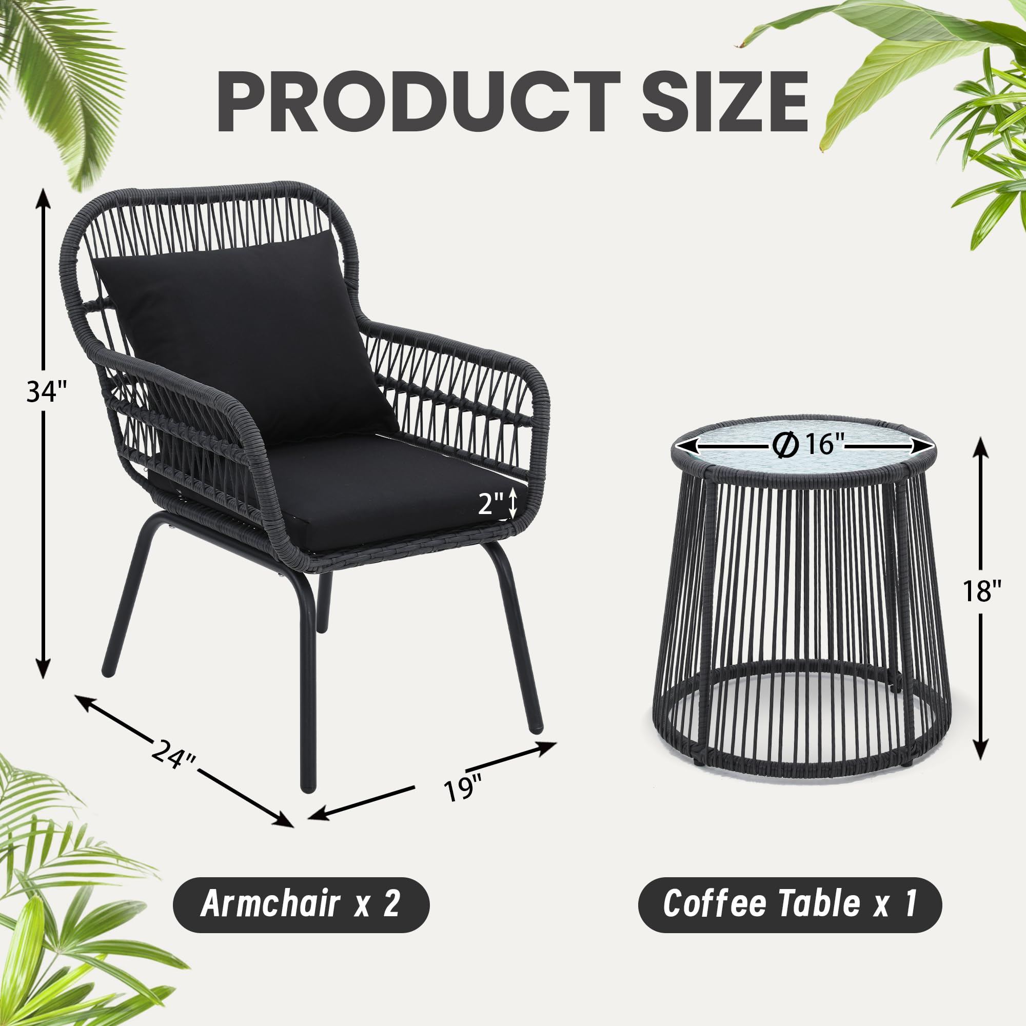 wildformers 3 Pieces Rattan Wicker Bistro Set, Outdoor Conversation Set, Wicker Furniture Set with Glass Top Table, Space Saving for Balcony, Backyard, Black