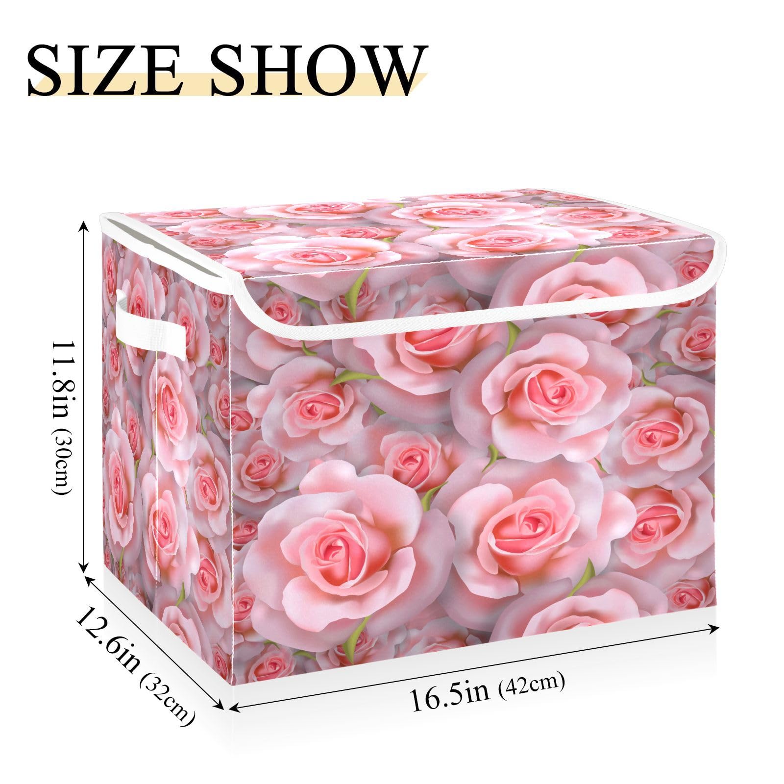 DIGTIA Pink Roses Storage Bins with Lids Large Valentines Day Flower Storage Basket with Handles Foldable Fabric Storage Box Organizer for Clothes Toys Closet Cabinet Home Office Bedroom