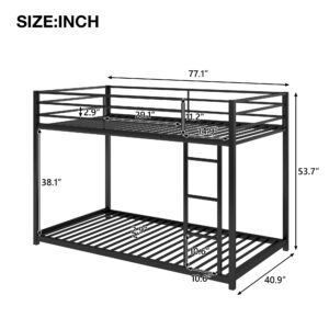 Favfurish Twin Over Twin Metal Bunk Bed with Full-Length Guardrail,Low Bunk Bed W/Ladder, Steel,No Noise,Bedroom Furniture for Children,Teens and Adults,Black