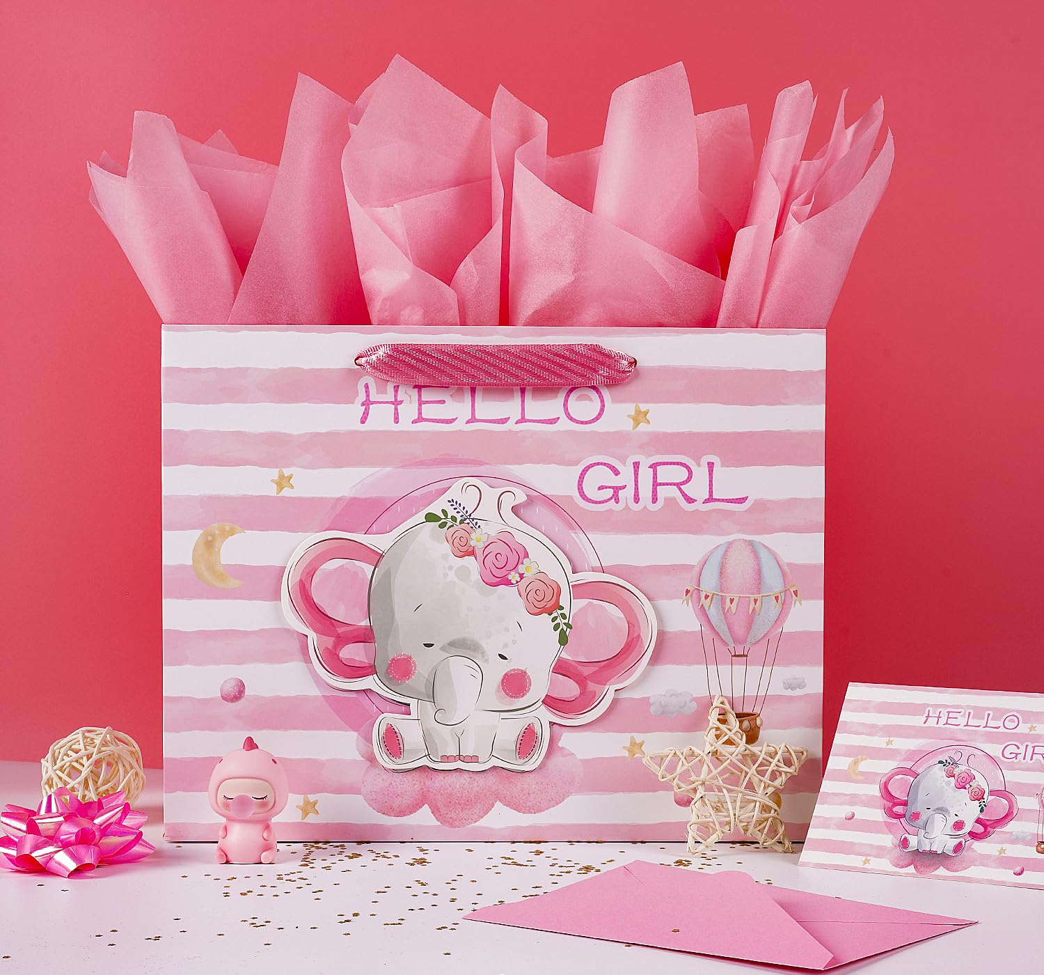 JWSCYSY 12.6" Large Baby Girl Gift Bag with Tissue Paper and Greeting Card for Baby Shower, Birthday, New Parents, and More (3D Pink Elephant Design)