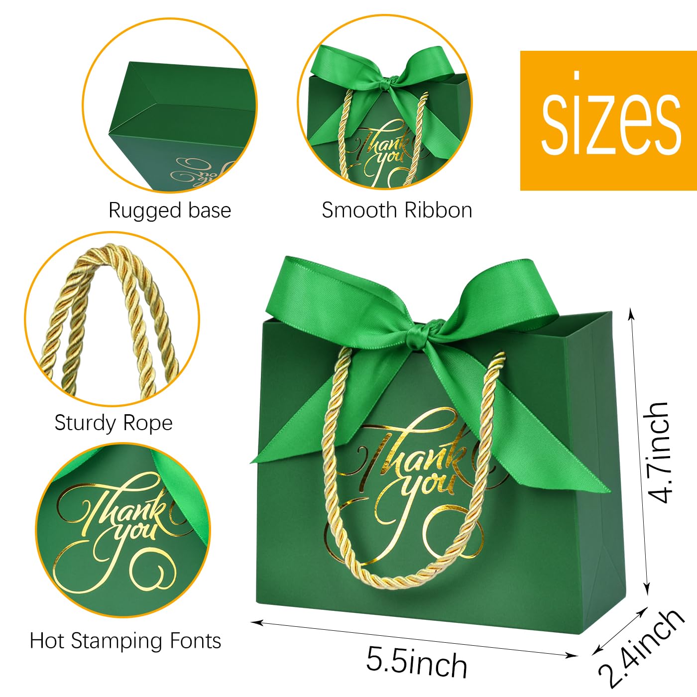 DECHISY 50Pack Small Thank You Bags with Handle Bulk,5.5x2.5x4.7Inch Thank You Gift Bags,Green Gift Bags with Handles,Party Favor Bags for Bridal Shower,Birthday Party,Baby Shower,Wedding