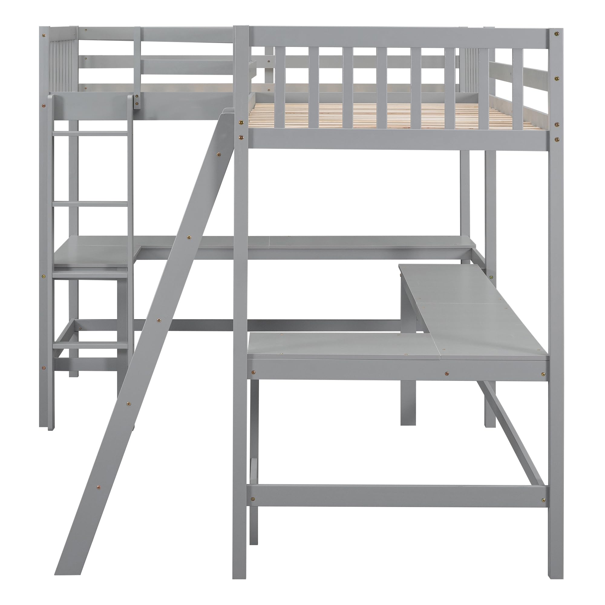 CITYLIGHT L-Shaped Loft Bed with 2 Built-in L-Shaped Desks,Wood Twin Size Loft Bed with Desk Underneath for Kids,Double Loft Beds with Guardrails and Ladders for Boys Girls Teens,Grey