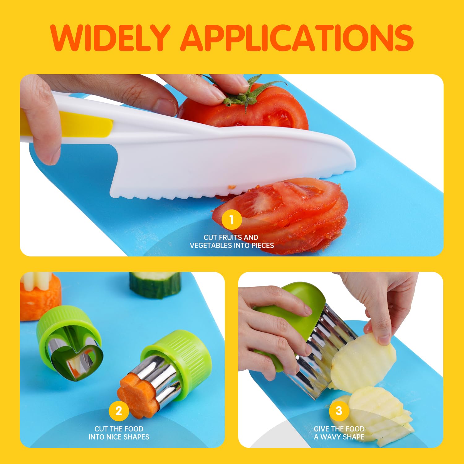 Kids Kitchen Safe Knife Tools for Real Cooking Toddler Kitchen Tools Wooden Kitchen Knife Set with Gloves Cutting Board Fruit Vegetable Crinkle Cutters Plastic Kid Safe Knives