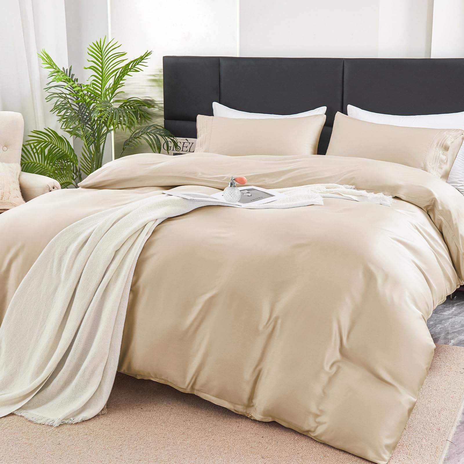 YIYEA Duvet Cover Queen Size - 100% Organic Viscose Derived from Bamboo - Luxury 600 Thread Count Cooling Comforter Cover Set for Hot Sleepers, Silky Soft and Breathable - Beige