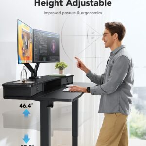 HUANUO 48″ x 24″ Electric Standing Desk with 2 Drawers, C-Clamp Mount Compatible, Height Adjustable Computer Desk, Home Office Stand Up Desk with 4 Preset Heights & 2 Hooks, Black