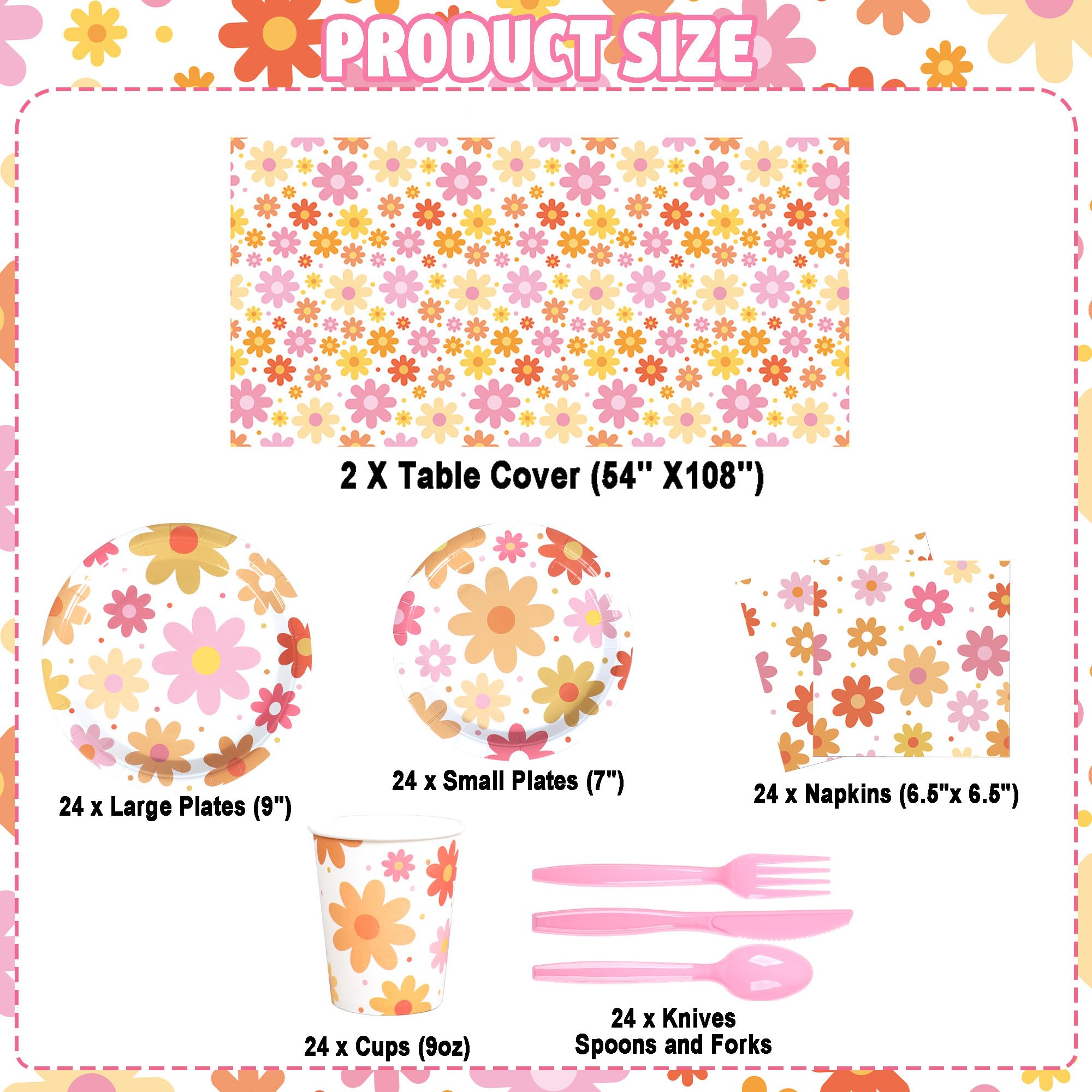 Groovy Party Supplies Daisy Groovy Party Tableware Set Serves 24 Include Boho Daisy Tablecloth Hippie Tableware Set for Groovy Boho Hippie Retro Birthday Baby Shower Party Decor