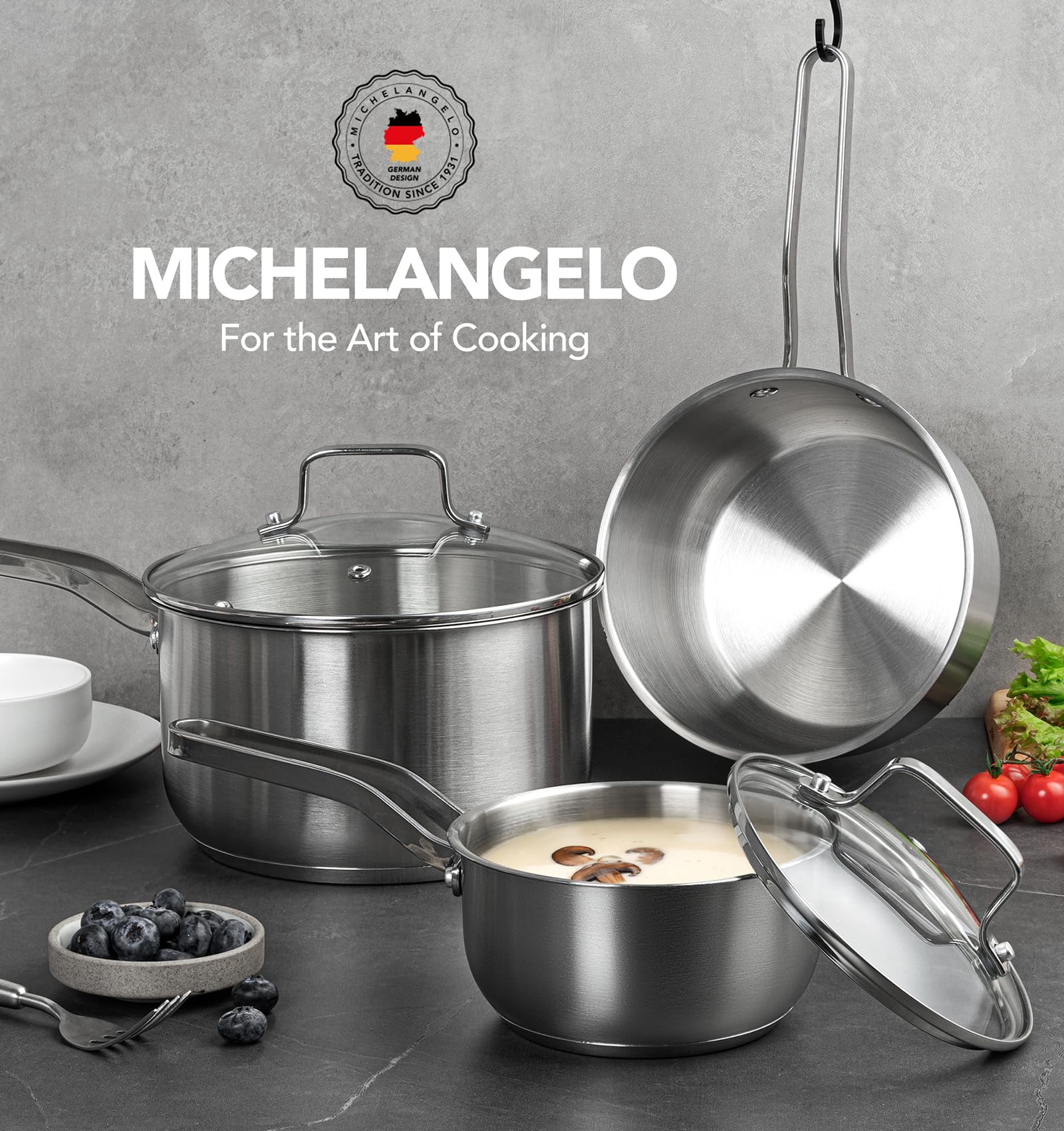 MICHELANGELO Stainless Steel Pot Set - 1QT & 2QT & 3QT Stainless Steel Sauce Pan with Lid, Induction Saucepan Set, Small Pots for Cooking - 6 Pcs