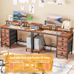 Furologee Computer Desk with 4 Fabric Drawers, 47" Gaming Desk with Power Outlets and LED Lights, Home Office Desk with Full Monitor Stand and Shelf, Study Writing Desk for Bedroom, Rustic Brown