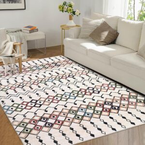 Zacoo Washable Rugs 4x6 Rug for Living Room Bobemian Colorful Rug Low Pile Bedroom Rugs Modern Rug Floor Mat Non Slip Area Rugs Soft Faux Wool Throw Rugs for Office Classroom, Beige