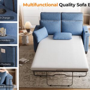 Fadware Pull Out Sofa Bed, Twin Size Sleeper Sofa Couch with Memory Foam Mattress, 2 in 1 Convertible Pullout Couch Bed with USB Charging Ports for Compact Living Space, Apartment, Office, Blue