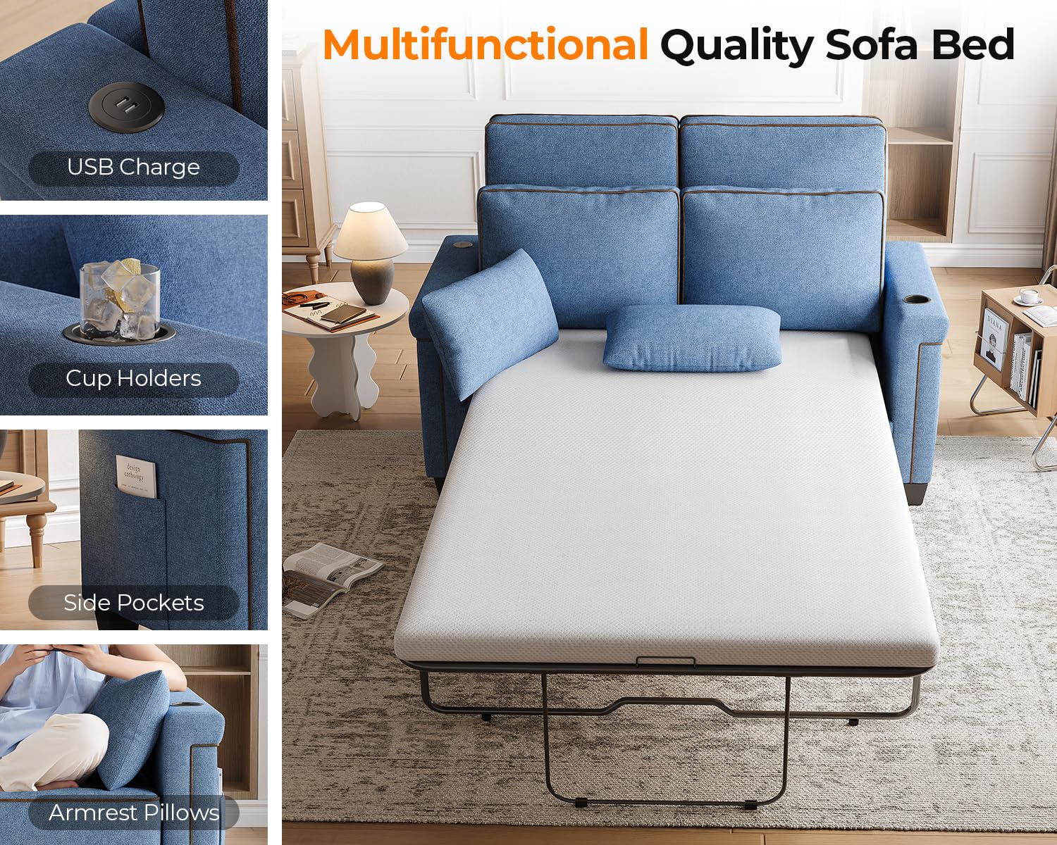 Fadware Pull Out Sofa Bed, Twin Size Sleeper Sofa Couch with Memory Foam Mattress, 2 in 1 Convertible Pullout Couch Bed with USB Charging Ports for Compact Living Space, Apartment, Office, Blue